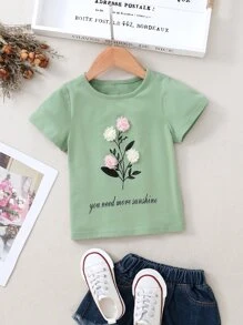 SHEIN 女小童花貼花短袖T恤 - 綠色 - 查看 1