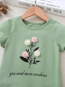 SHEIN 女小童花貼花短袖T恤 - 綠色 - 查看 3