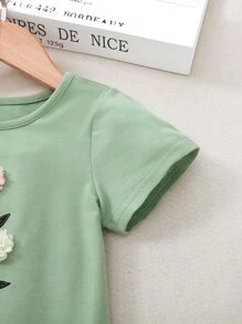 SHEIN 女小童花貼花短袖T恤 - 綠色 - 查看 5