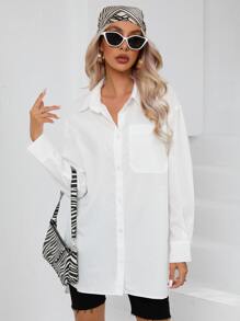 SHEIN Frenchy Pocket Patched Drop Shoulder Button Front Shirt - White - View 1
