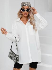 SHEIN Frenchy Pocket Patched Drop Shoulder Button Front Shirt - White - View 3