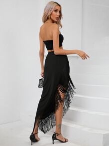 SHEIN BAE Falda ribete con fleco fruncido bajo asimétrico - Negro - Ver 2