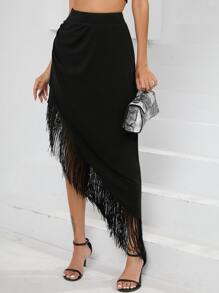 SHEIN BAE Falda ribete con fleco fruncido bajo asimétrico - Negro - Ver 4