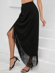 SHEIN BAE Falda ribete con fleco fruncido bajo asimétrico - Negro - Ver 5