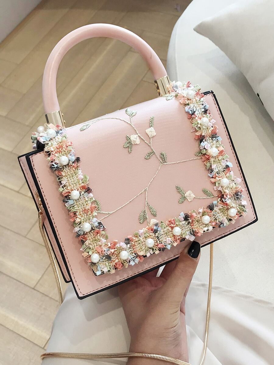 Mini Floral Embroidered Faux Pearl Decor Chain Flap Square Bag - Multicolor - View 1