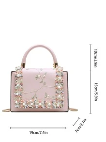 Mini Floral Embroidered Faux Pearl Decor Chain Flap Square Bag - Multicolor - View 2