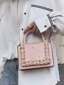 Mini Floral Embroidered Faux Pearl Decor Chain Flap Square Bag - Multicolor - View 4