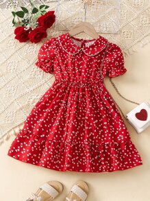 SHEIN 夏季女童紅色優雅皮特领公主袖復古裙,全印花心形圖案