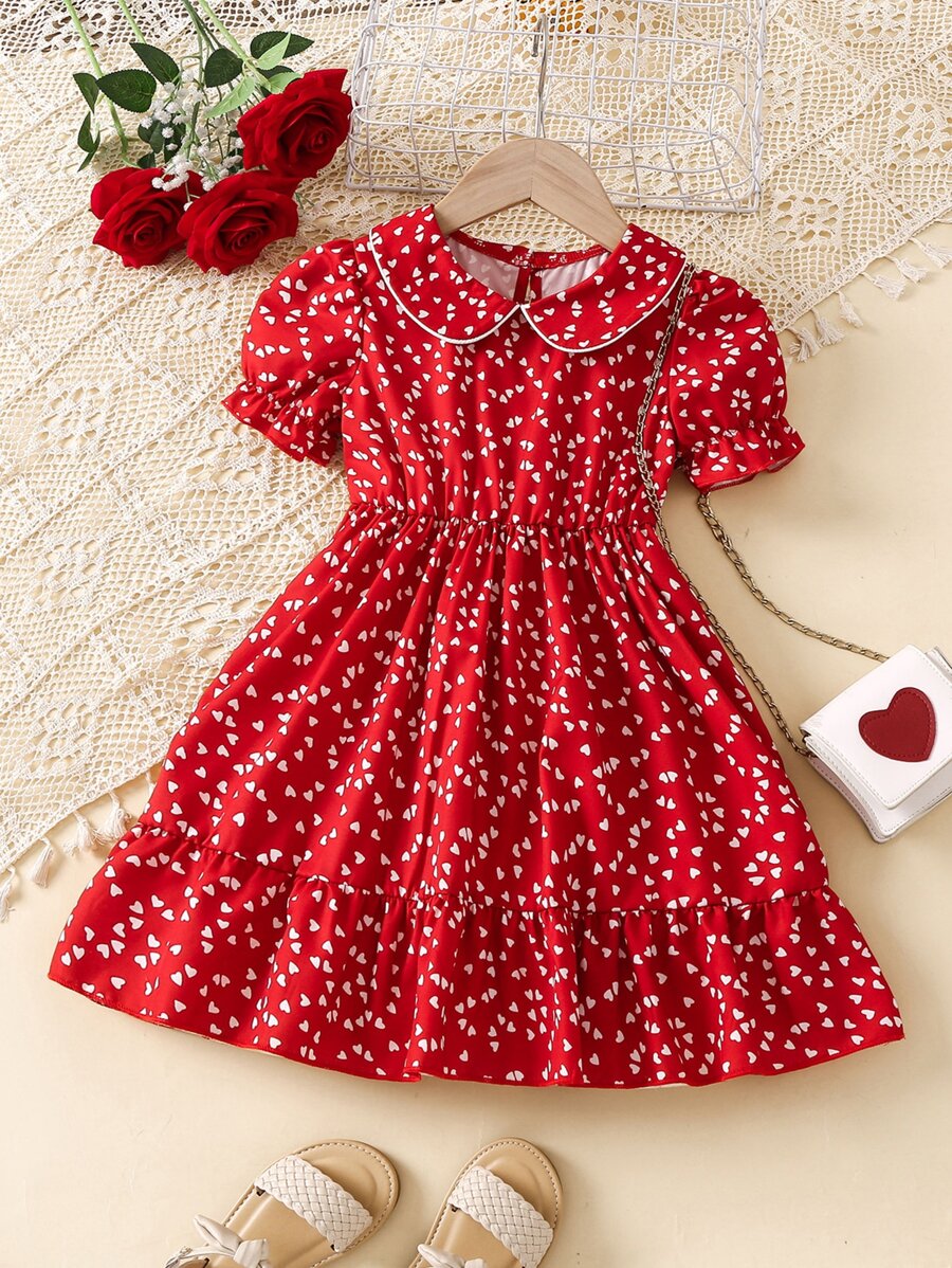 SHEIN 夏季女童紅色優雅皮特领公主袖復古裙,全印花心形圖案