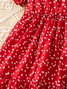 SHEIN 夏季女童紅色優雅皮特领公主袖復古裙,全印花心形圖案