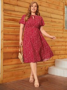 SHEIN LUNE 1 pieza Vestido con estampado de corazón de cuello con cordón de manga mariposa - Rojo - Ver 1
