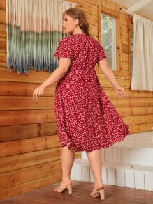 SHEIN LUNE 1 pieza Vestido con estampado de corazón de cuello con cordón de manga mariposa - Rojo - Ver 6