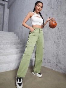 High Waist Flap Pocket Cargo Jeans - Army Green - View 4