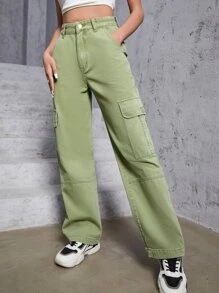 High Waist Flap Pocket Cargo Jeans - Army Green - View 6