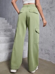 High Waist Flap Pocket Cargo Jeans - Army Green - View 3