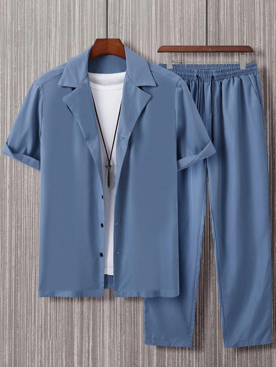 Manfinity Homme Men Solid Lapel Neck Shirt & Drawstring Waist Trousers Without Tee - Blue - View 1