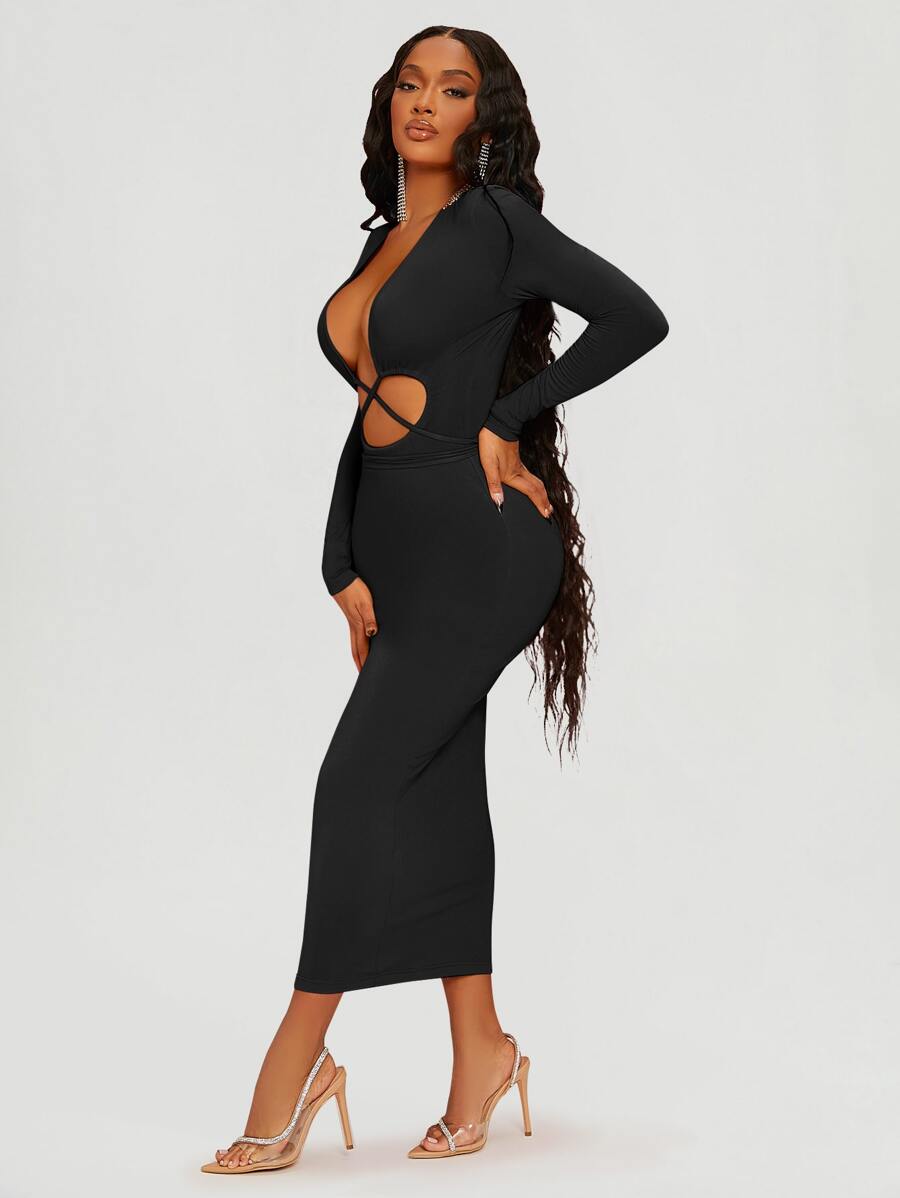 SHEIN SXY Đầm Hội Chữ thập Cắt ra màu trơn Gợi cảm - màu đen - Xem 1