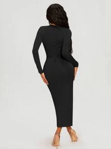 SHEIN SXY Đầm Hội Chữ thập Cắt ra màu trơn Gợi cảm - màu đen - Xem 2