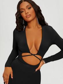 SHEIN SXY Đầm Hội Chữ thập Cắt ra màu trơn Gợi cảm - màu đen - Xem 3