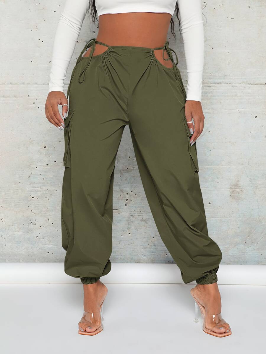 SHEIN SXY Cut Out Waist Flap Pocket Cargo Trousers - Army Green - View 1