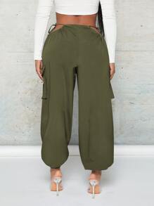 SHEIN SXY Cut Out Waist Flap Pocket Cargo Trousers - Army Green - View 2