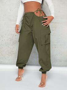 SHEIN SXY Cut Out Waist Flap Pocket Cargo Trousers - Army Green - View 3