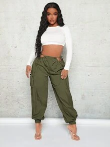 SHEIN SXY Cut Out Waist Flap Pocket Cargo Trousers - Army Green - View 6