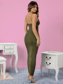 SHEIN SXY Đầm Bất đối xứng Xù màu trơn Thanh lịch - xanh quân đội - Xem 3