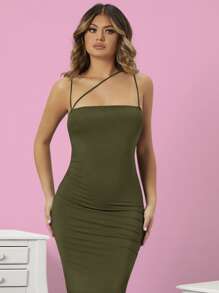 SHEIN SXY Đầm Bất đối xứng Xù màu trơn Thanh lịch - xanh quân đội - Xem 4