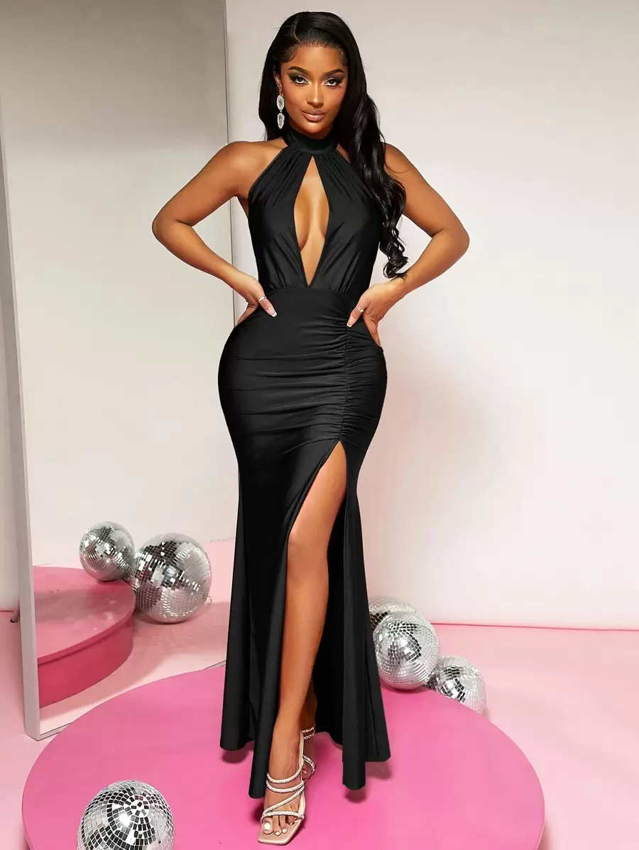 SHEIN SXY Cut Out Front Ruched Split Thigh Backless Halter Dress - Black - View 1