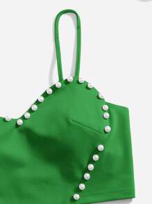 SHEIN ICON Áo hai dây Bất đối xứng Lộ Lưng cườm đính Ngọc trai màu trơn Gợi cảm - màu xanh lá - Xem 3