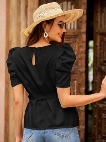 SHEIN VCAY Áo sơ mi nữ Thắt lưng Nút màu trơn Thanh lịch - màu đen - Xem 3