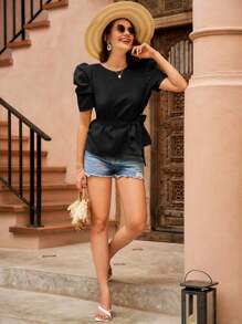 SHEIN VCAY Áo sơ mi nữ Thắt lưng Nút màu trơn Thanh lịch - màu đen - Xem 5