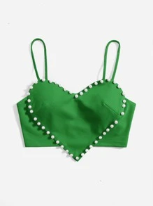 SHEIN ICON Áo hai dây Bất đối xứng Lộ Lưng cườm đính Ngọc trai màu trơn Gợi cảm - màu xanh lá - Xem 4