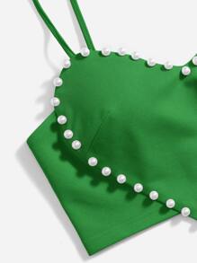 SHEIN ICON Áo hai dây Bất đối xứng Lộ Lưng cườm đính Ngọc trai màu trơn Gợi cảm - màu xanh lá - Xem 5