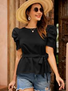 SHEIN VCAY Áo sơ mi nữ Thắt lưng Nút màu trơn Thanh lịch - màu đen - Xem 7