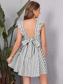 Soleia Striped Print Tied Backless Ruffle Trim Dress - Black and White - View 1