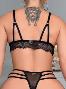 Floral Lace Cut-out Lingerie Set - Black - View 2
