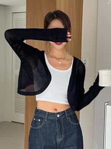 DAZY Solid Open Front Crop Cardigan - Black - View 1