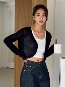 DAZY Solid Open Front Crop Cardigan - Black - View 3