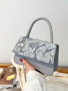 Floral Pattern Butterfly & Faux Pearl Decor Chain Flap Square Bag - Grey - View 1