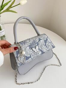 Floral Pattern Butterfly & Faux Pearl Decor Chain Flap Square Bag - Grey - View 2
