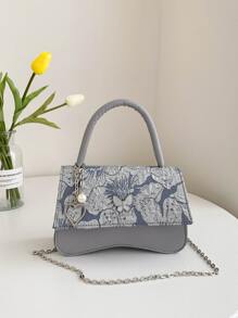 Floral Pattern Butterfly & Faux Pearl Decor Chain Flap Square Bag - Grey - View 4