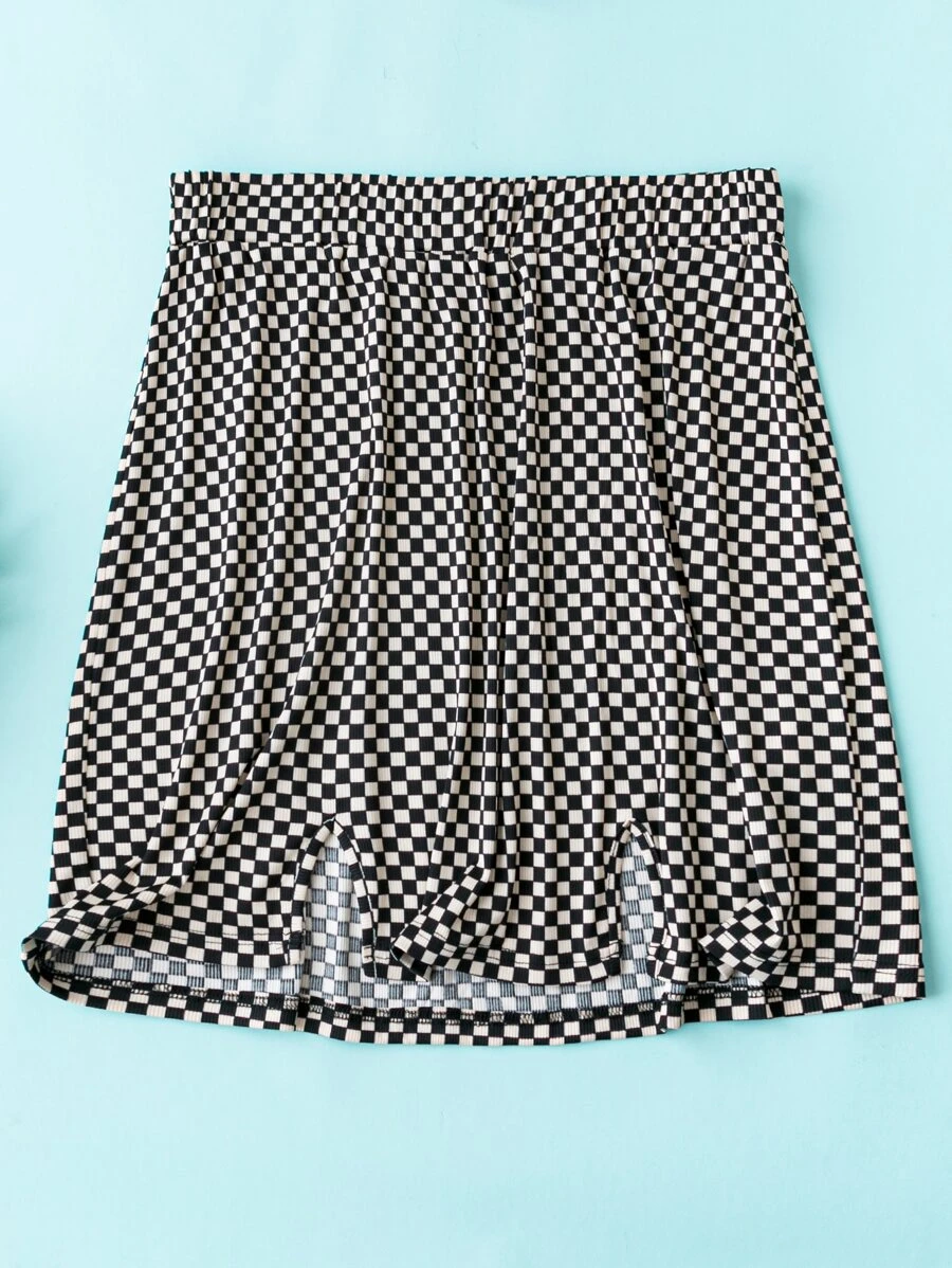 Flirla Plus Checkerboard Print Split Hem Skirt - Black and White - View 1
