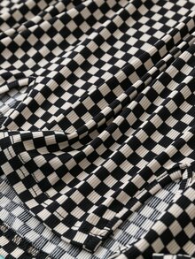 Flirla Plus Checkerboard Print Split Hem Skirt - Black and White - View 4