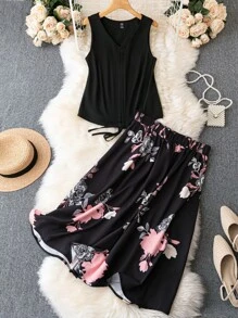 SHEIN LUNE Plus Solid Drawstring Front Tank Top & Floral Print Skirt