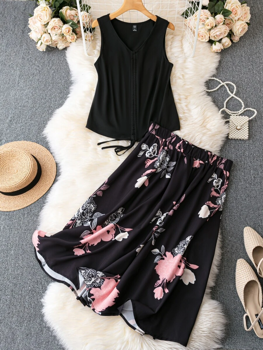 SHEIN LUNE Plus Solid Drawstring Front Tank Top & Floral Print Skirt