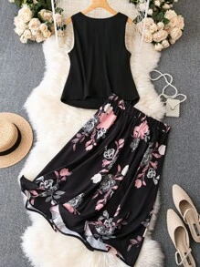 SHEIN LUNE Plus Solid Drawstring Front Tank Top & Floral Print Skirt