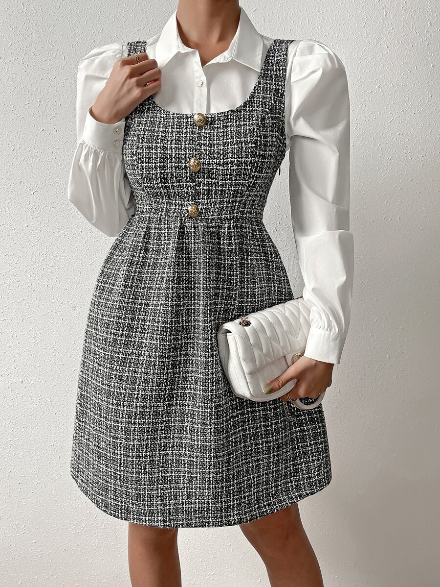 SHEIN Privé Scoop Neck Button Detail Tweed Dress Without Blouse - Black - View 1