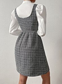 SHEIN Privé Scoop Neck Button Detail Tweed Dress Without Blouse - Black - View 2